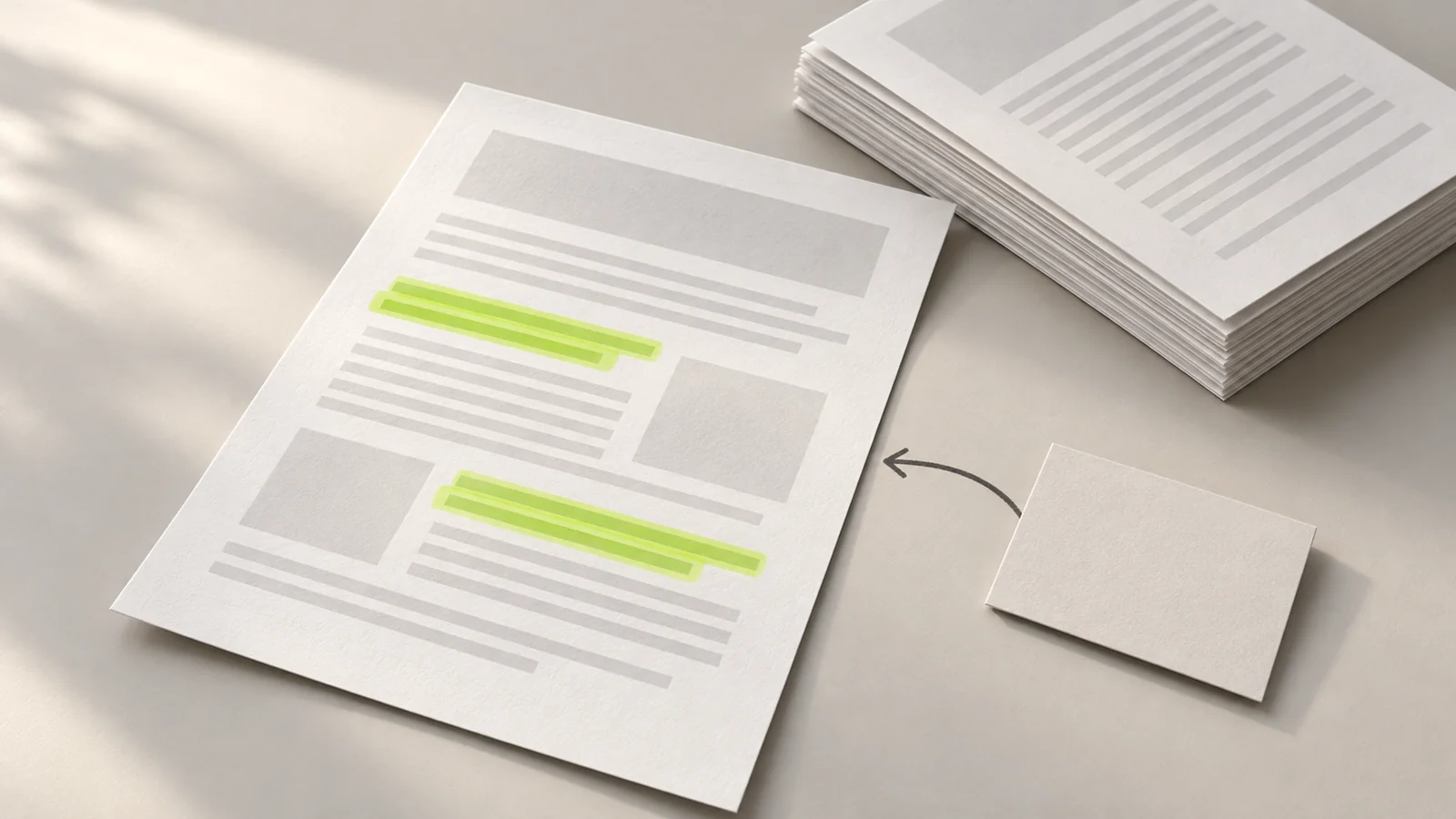 A paper document with lime highlights, a note card and an arrow beside a saved document stack